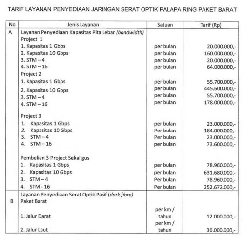 Ini Tarif Sewa Palapa Ring Paket Barat